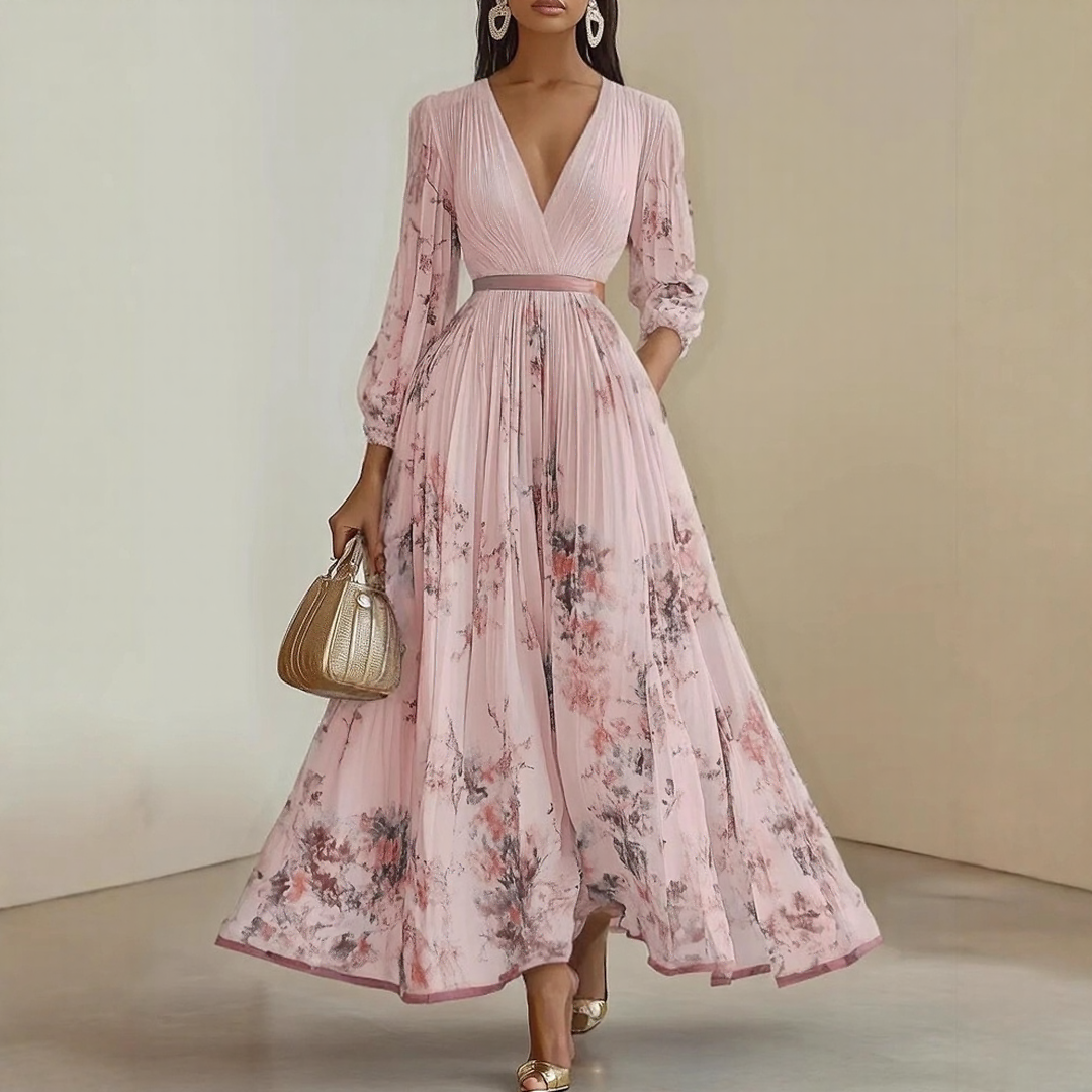 Rowella | Women's Pleated Floral Maxi Dress, Long Sleeve V-Neck Dress with Tie Waist