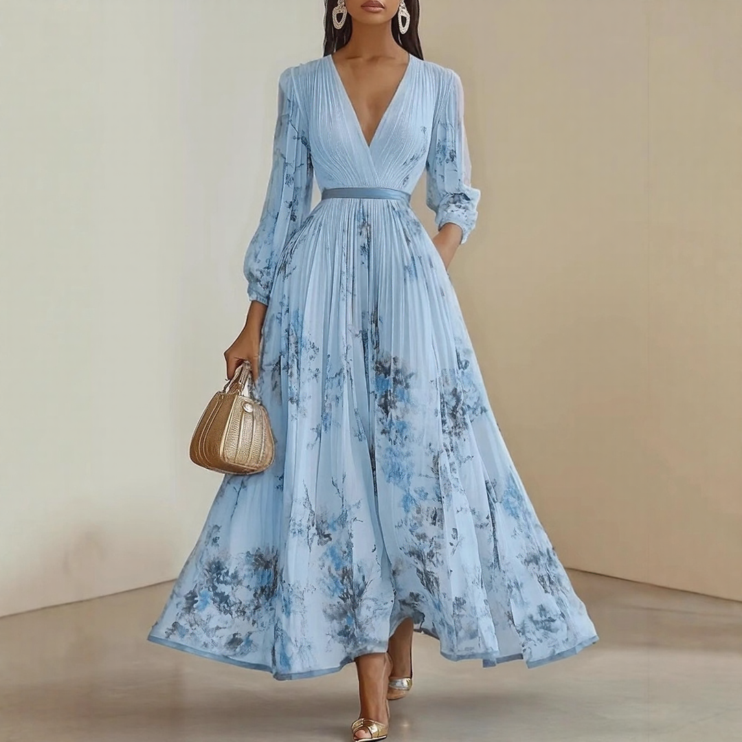 Rowella | Women's Pleated Floral Maxi Dress, Long Sleeve V-Neck Dress with Tie Waist