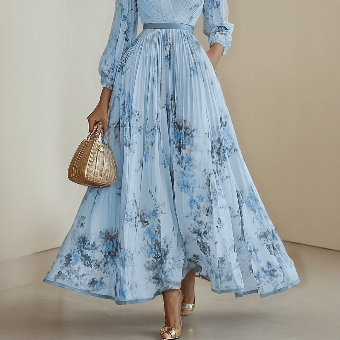 Rowella | Women's Pleated Floral Maxi Dress, Long Sleeve V-Neck Dress with Tie Waist