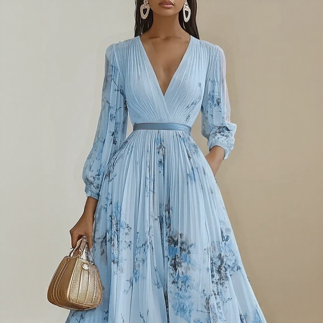 Rowella | Women's Pleated Floral Maxi Dress, Long Sleeve V-Neck Dress with Tie Waist