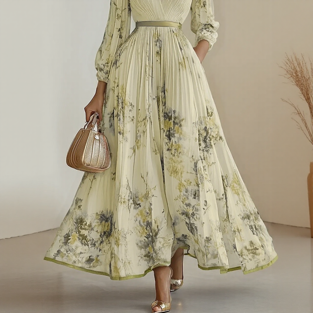 Rowella | Women's Pleated Floral Maxi Dress, Long Sleeve V-Neck Dress with Tie Waist