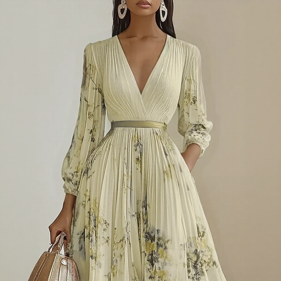 Rowella | Women's Pleated Floral Maxi Dress, Long Sleeve V-Neck Dress with Tie Waist