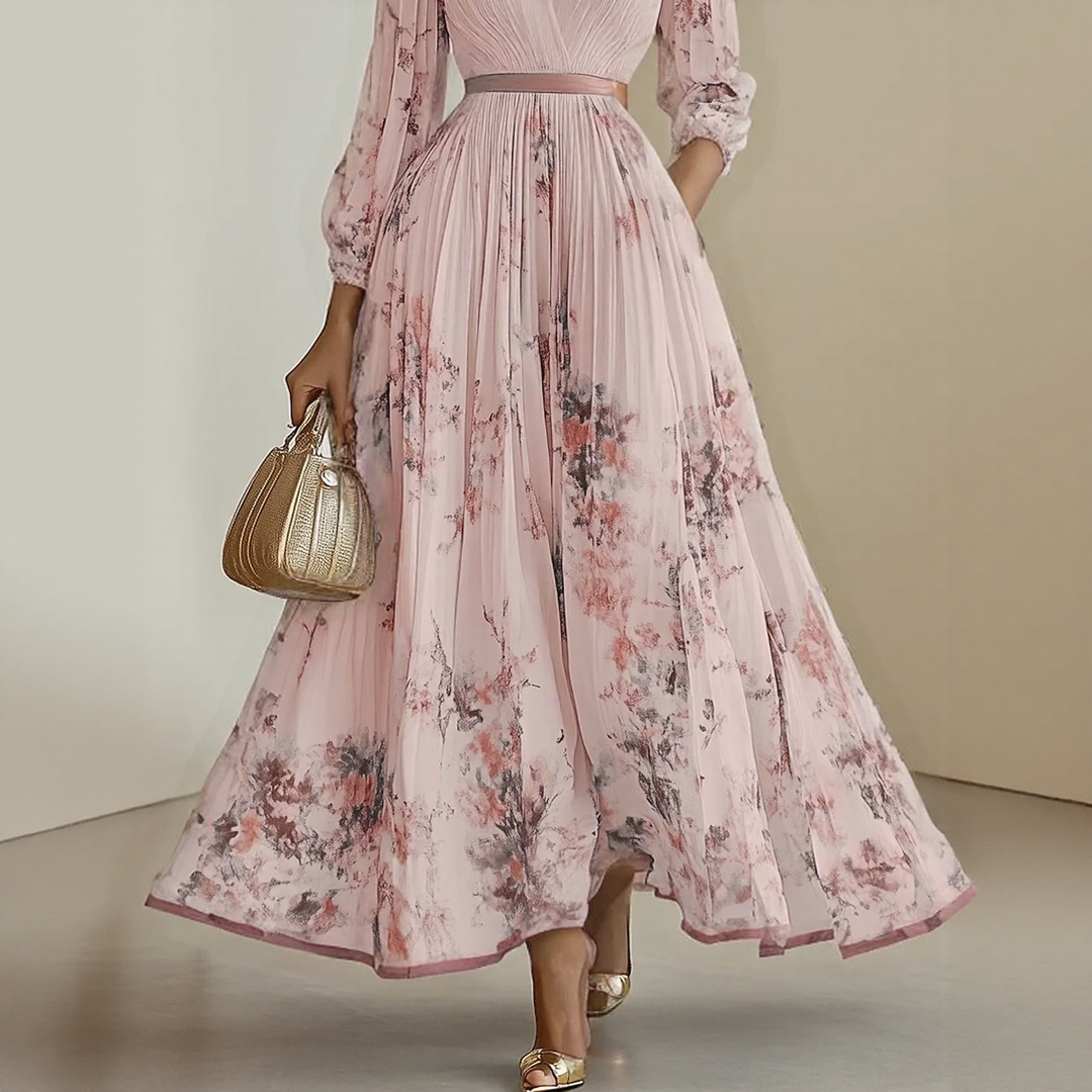 Rowella | Women's Pleated Floral Maxi Dress, Long Sleeve V-Neck Dress with Tie Waist