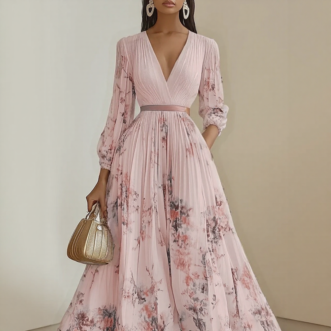Rowella | Women's Pleated Floral Maxi Dress, Long Sleeve V-Neck Dress with Tie Waist