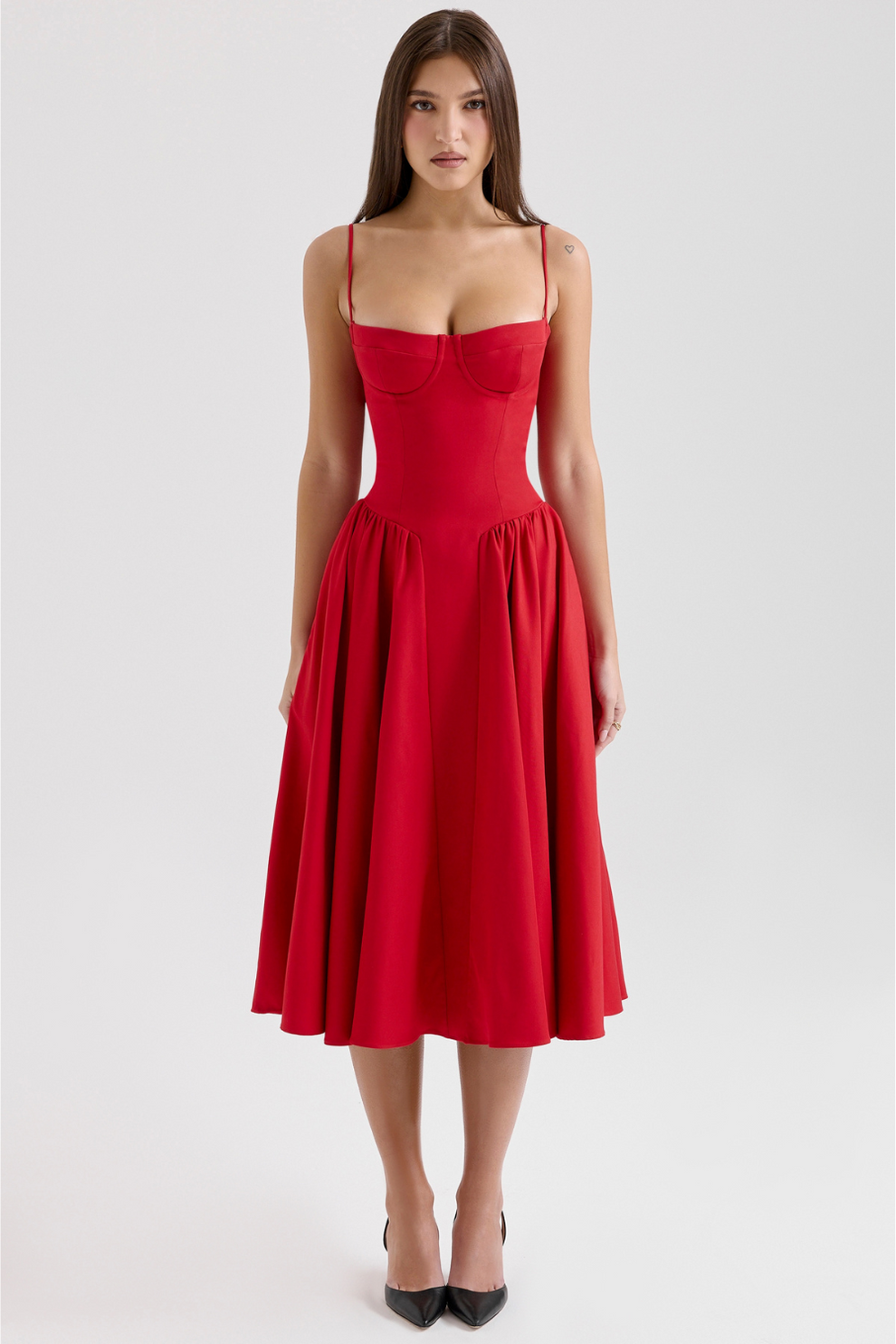 MISA | Women's Sleeveless Midi Dress, Fitted Bodice Flared Formal Dress