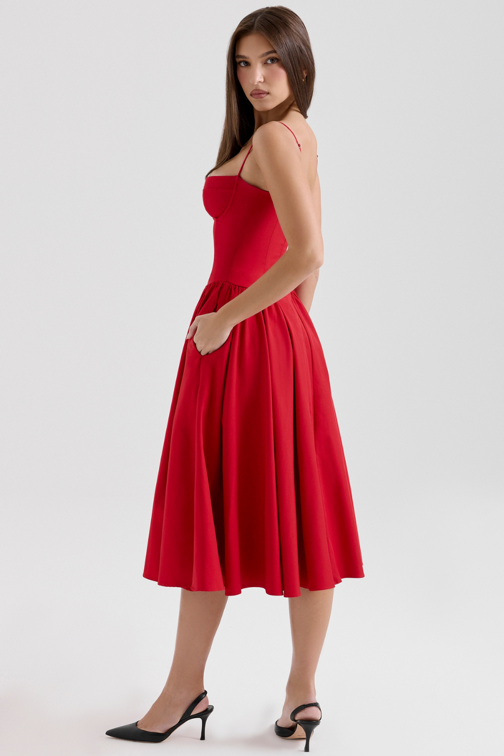 MISA | Women's Sleeveless Midi Dress, Fitted Bodice Flared Formal Dress