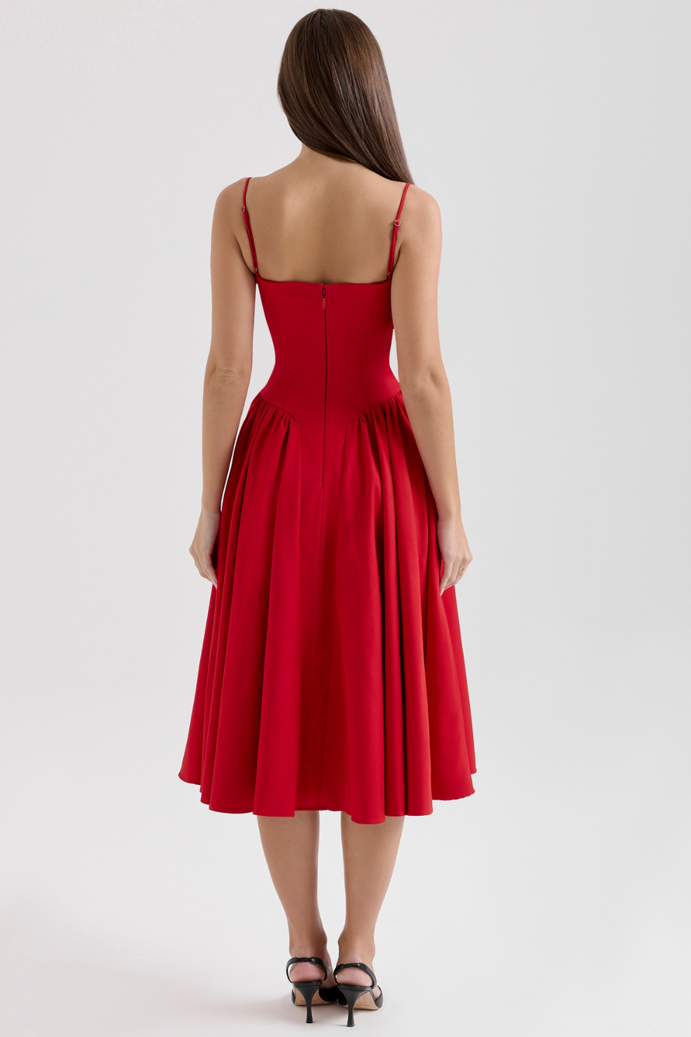 MISA | Women's Sleeveless Midi Dress, Fitted Bodice Flared Formal Dress