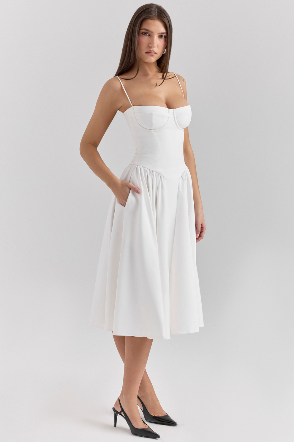 MISA | Women's Sleeveless Midi Dress, Fitted Bodice Flared Formal Dress