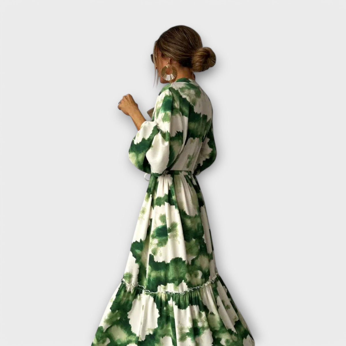 Melina | Women's Long Sleeve V-Neck Maxi Dress, Green Boho Print Dress