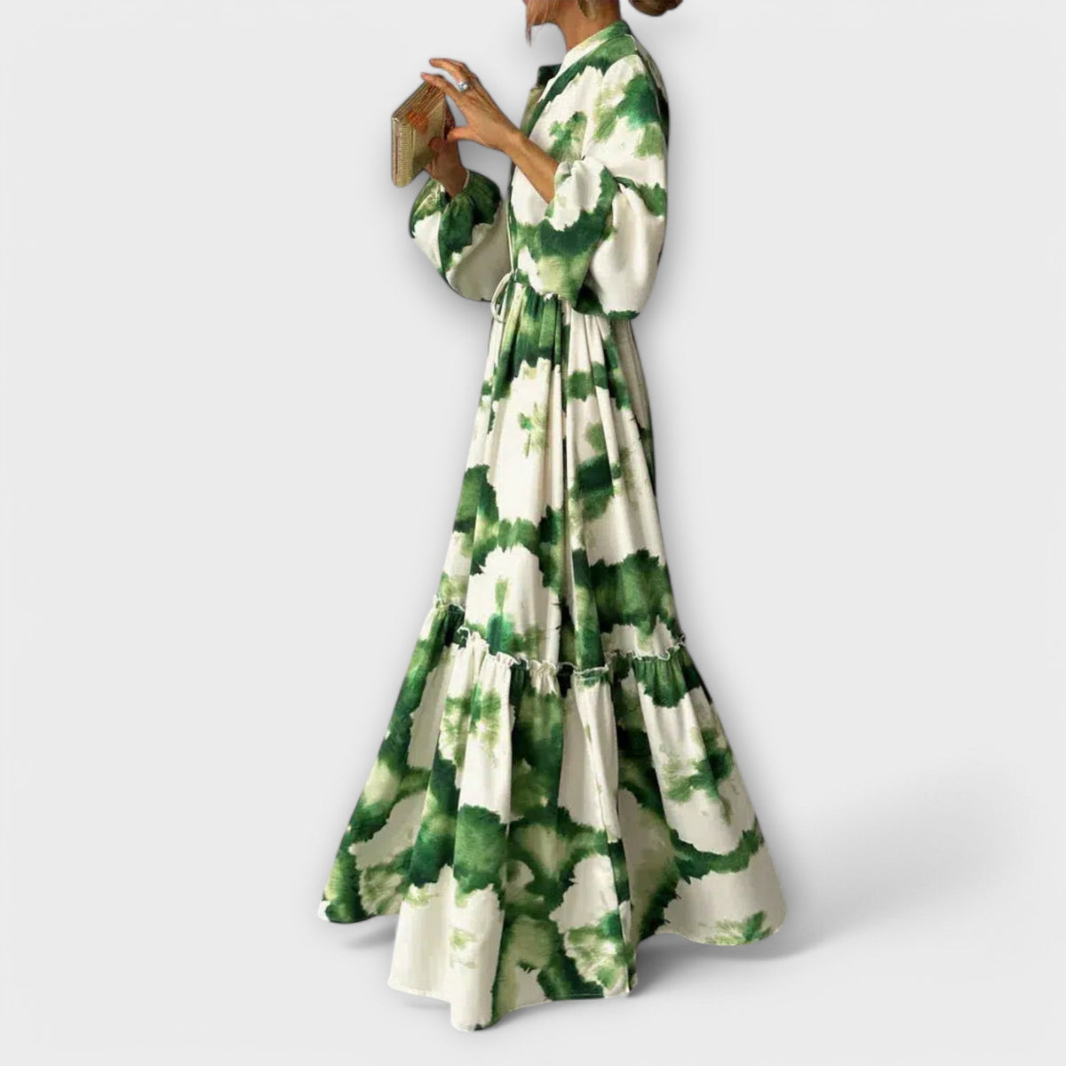 Melina | Women's Long Sleeve V-Neck Maxi Dress, Green Boho Print Dress
