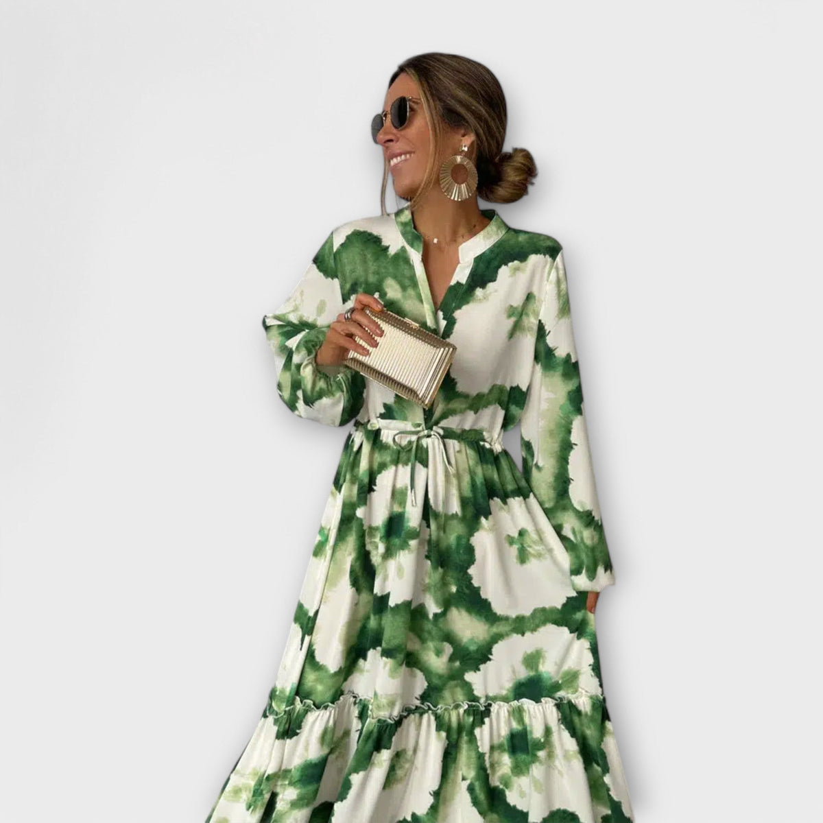 Melina | Women's Long Sleeve V-Neck Maxi Dress, Green Boho Print Dress