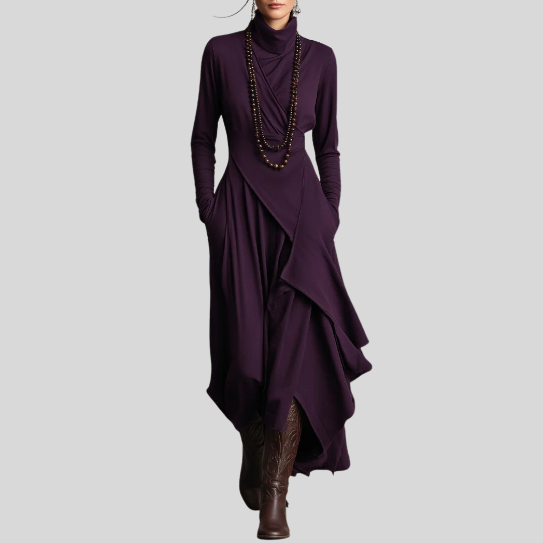 Marilyn | Women's Long Sleeve Maxi Dress, Layered Draped Occasion Dress with High Neckline