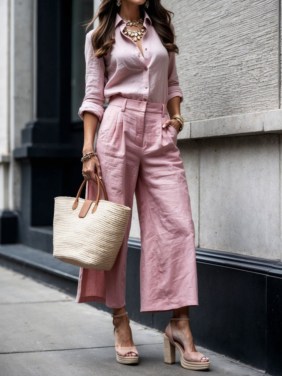 Nelle | Women's Two-Piece Shirt and Capri Set, Relaxed Wide-Leg Cropped Trousers