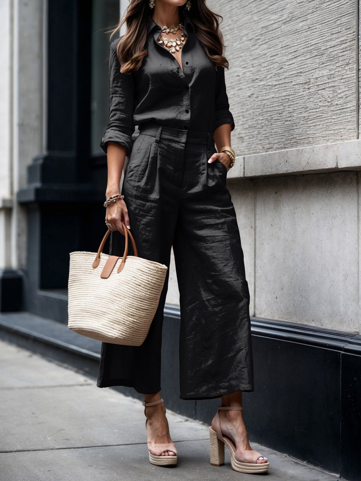 Nelle | Women's Two-Piece Shirt and Capri Set, Relaxed Wide-Leg Cropped Trousers