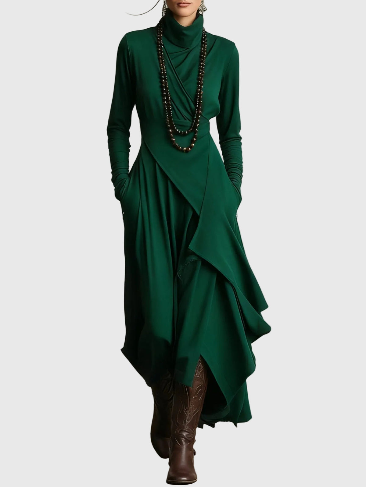 Violet | Women's Draped Rayon Maxi Dress, High Collar Long Sleeve Winter Dress