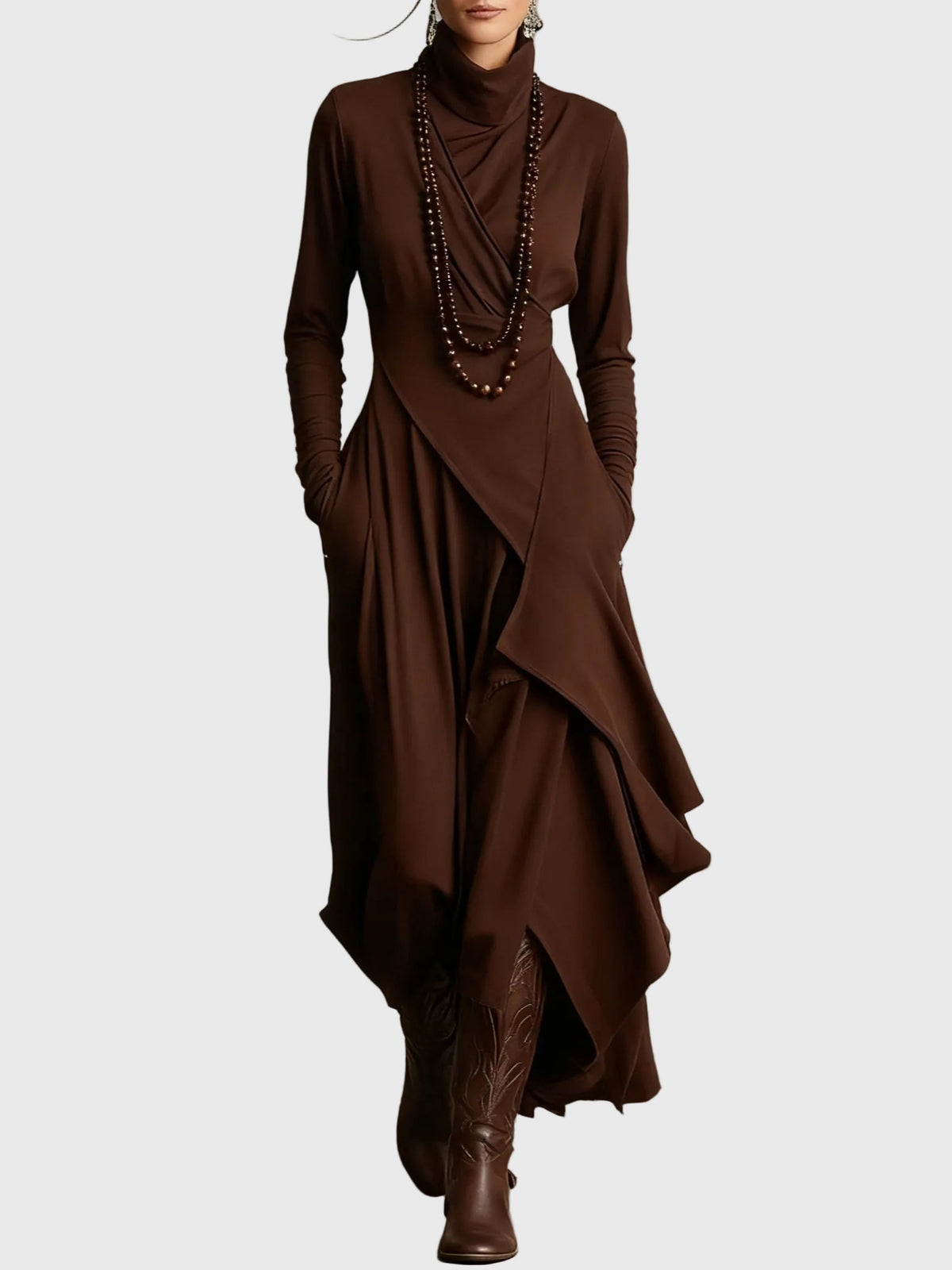 Violet | Women's Draped Rayon Maxi Dress, High Collar Long Sleeve Winter Dress