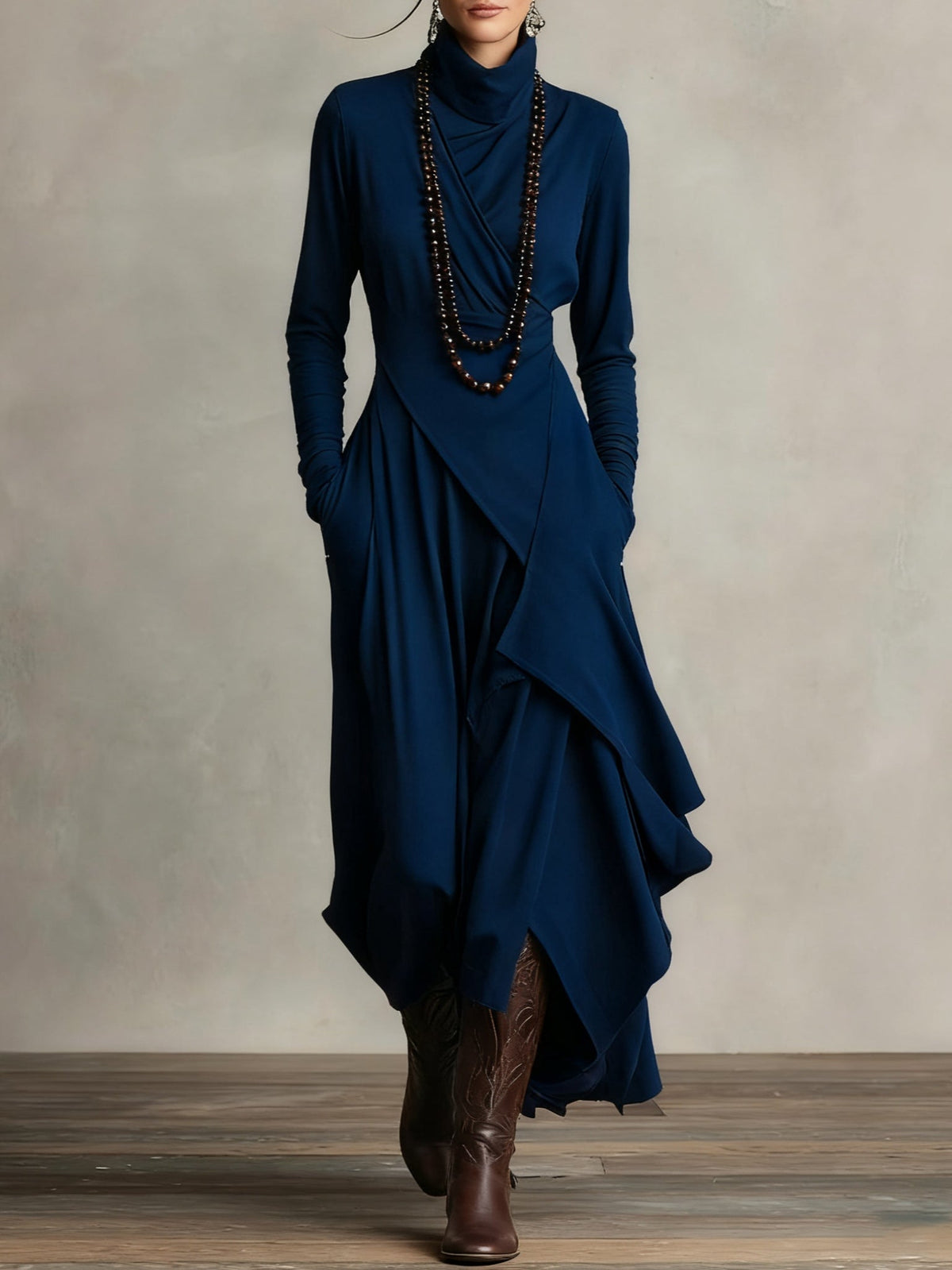 Vivienne | Women's High-Neck Maxi Dress, Ruched Long Sleeve Layered Evening Dress