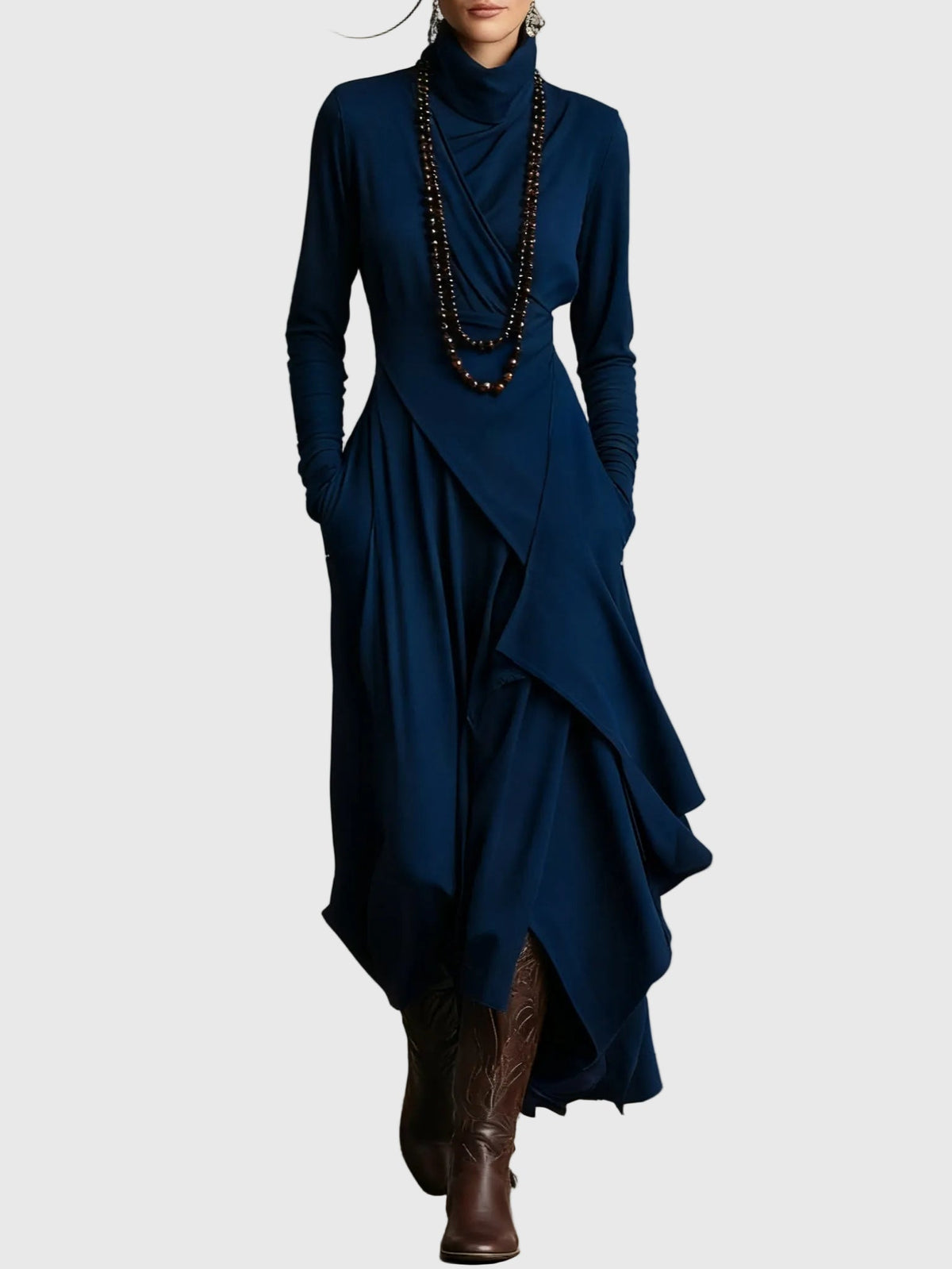 Violet | Women's Draped Rayon Maxi Dress, High Collar Long Sleeve Winter Dress