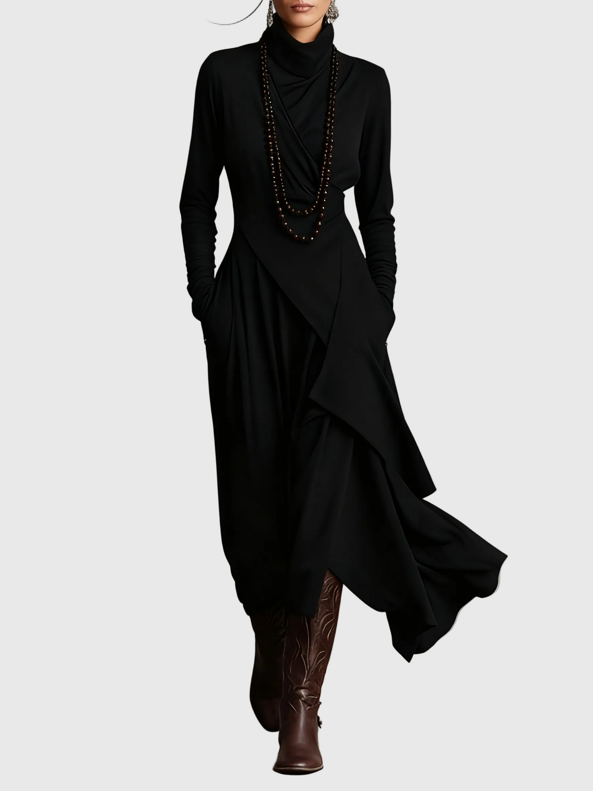 Violet | Women's Draped Rayon Maxi Dress, High Collar Long Sleeve Winter Dress