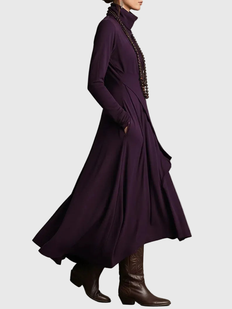 Violet | Women's Draped Rayon Maxi Dress, High Collar Long Sleeve Winter Dress