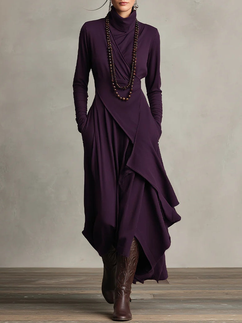 Marilyn | Women's Draped Asymmetrical Maxi Dress, Long Sleeve High-Neck Evening Dress