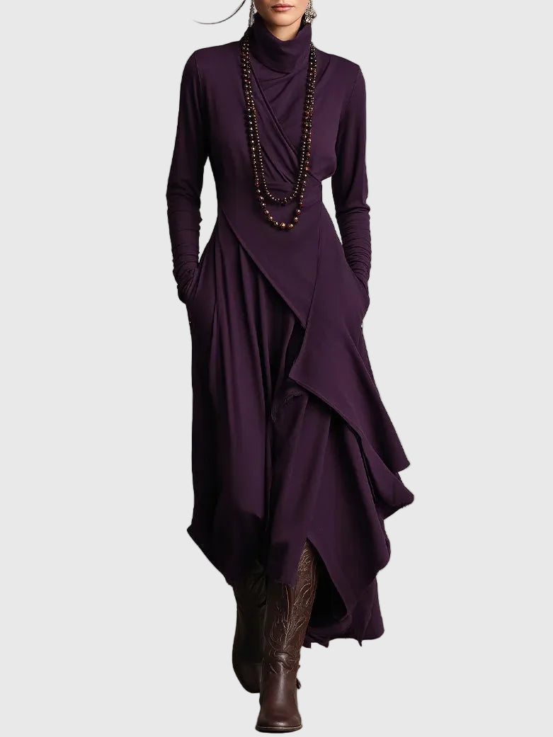 Violet | Women's Draped Rayon Maxi Dress, High Collar Long Sleeve Winter Dress