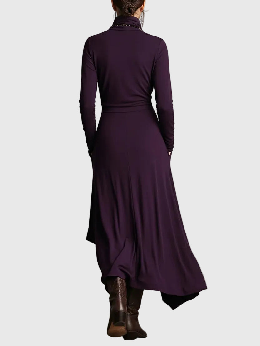 Violet | Women's Draped Rayon Maxi Dress, High Collar Long Sleeve Winter Dress