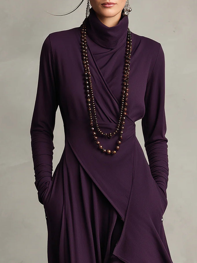 Vivienne | Women's High-Neck Maxi Dress, Ruched Long Sleeve Layered Evening Dress