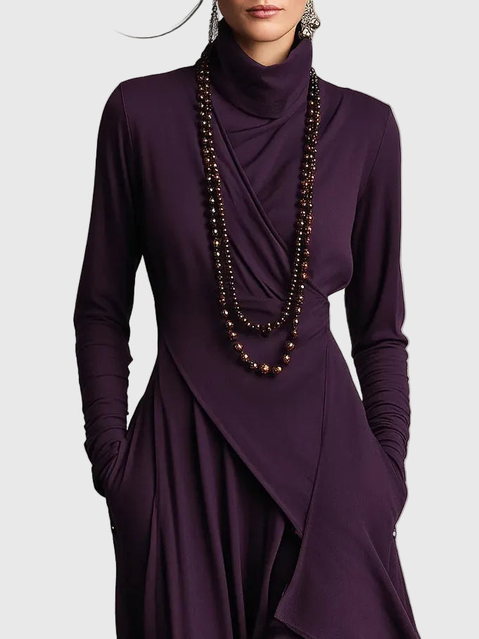 Violet | Women's Draped Rayon Maxi Dress, High Collar Long Sleeve Winter Dress