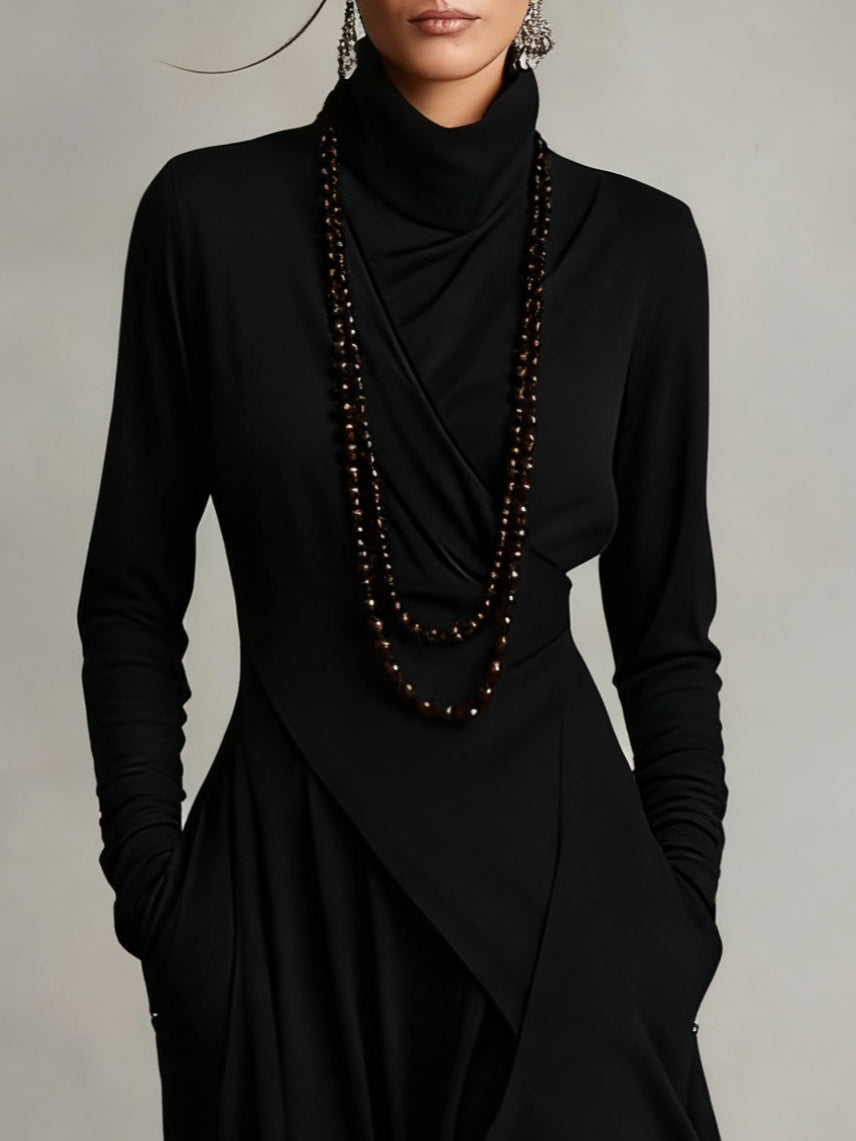Vivienne | Women's High-Neck Maxi Dress, Ruched Long Sleeve Layered Evening Dress