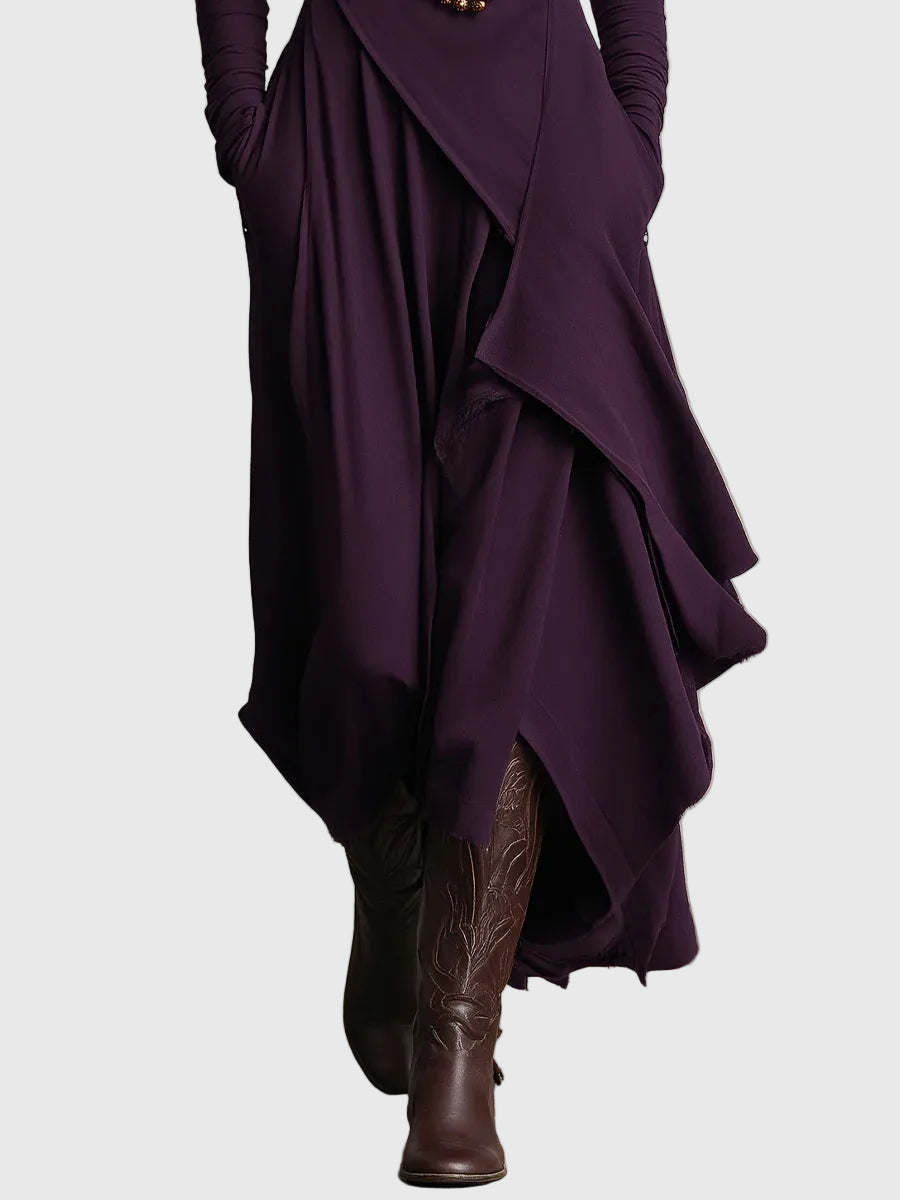 Violet | Women's Draped Rayon Maxi Dress, High Collar Long Sleeve Winter Dress
