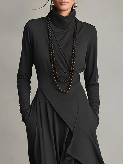 Marilyn | Women's Draped Asymmetrical Maxi Dress, Long Sleeve High-Neck Evening Dress