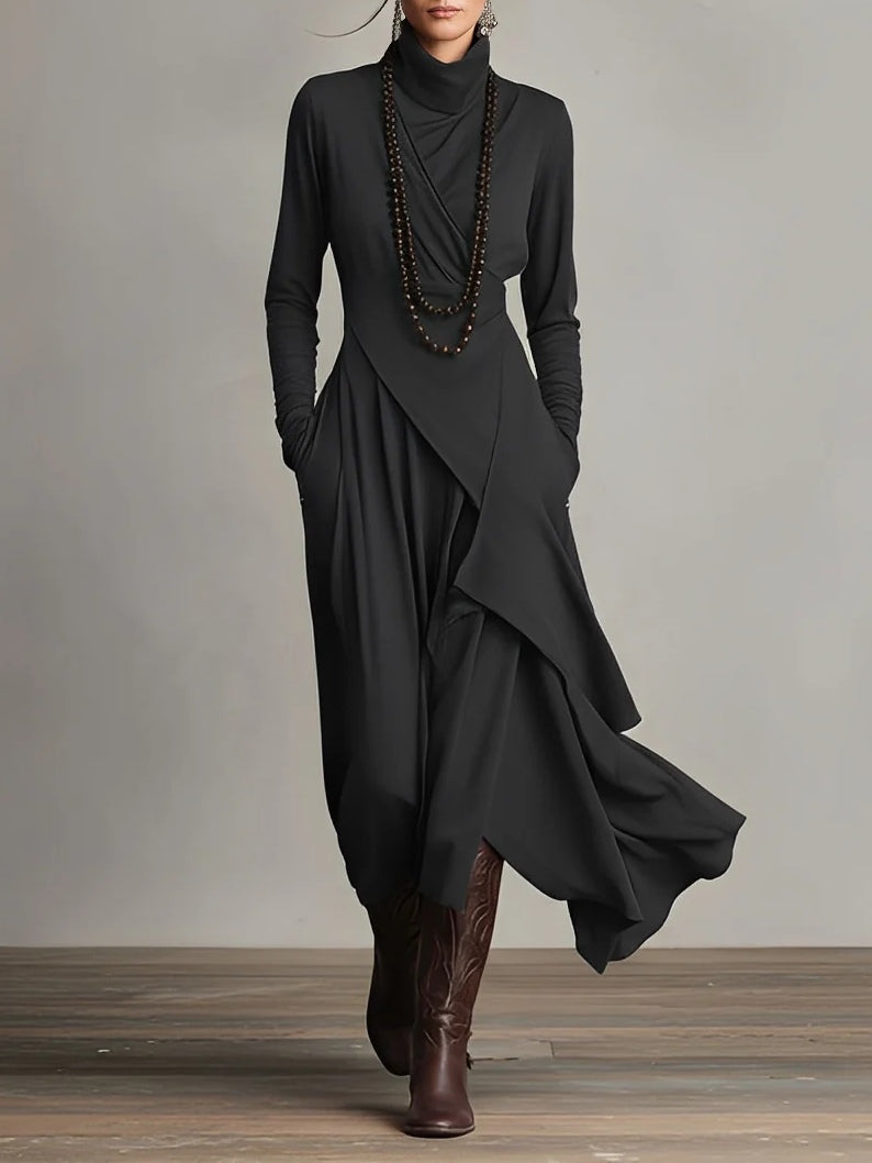 Marilyn | Women's Draped Asymmetrical Maxi Dress, Long Sleeve High-Neck Evening Dress