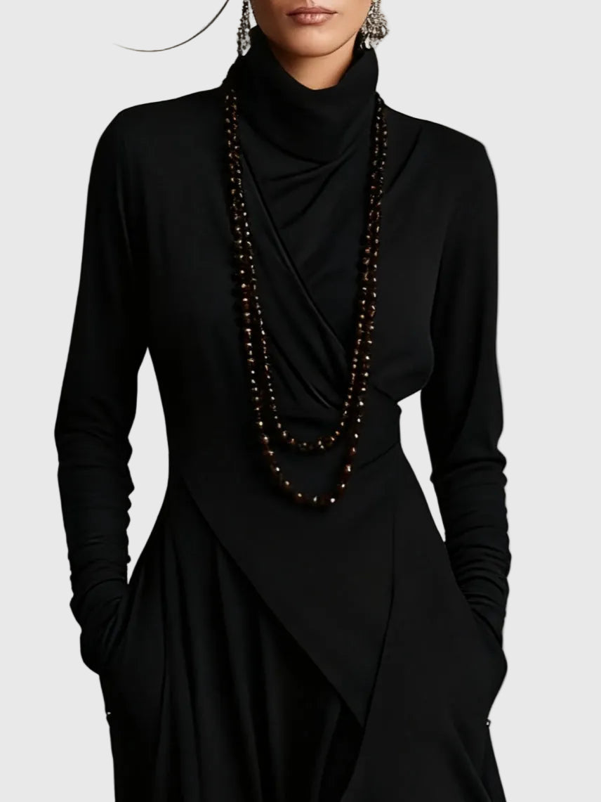 Violet | Women's Draped Rayon Maxi Dress, High Collar Long Sleeve Winter Dress