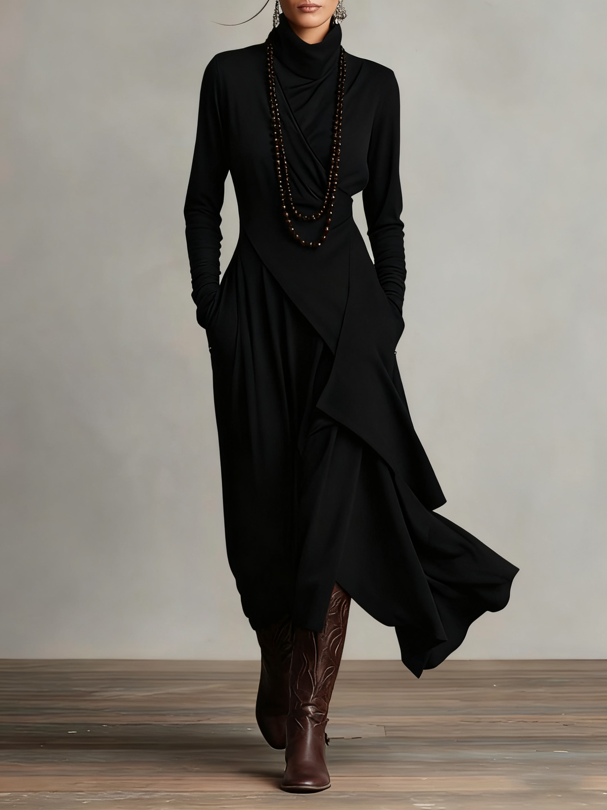 Vivienne | Women's High-Neck Maxi Dress, Ruched Long Sleeve Layered Evening Dress