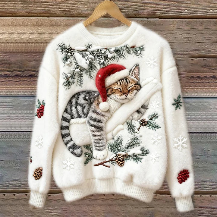 Olivia | Women's Plush Cat Christmas Sweater, Cozy Festive Winter Knit Sweater