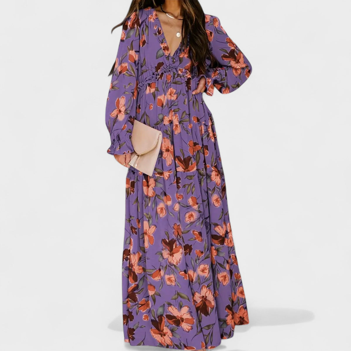 Zera | Women's Floral Tiered Maxi Dress, Long Sleeve V-Neck Dress for Warm Weather