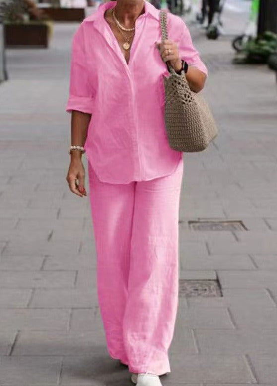 Denice | Women's Casual Two-Piece Set, Button-Up Top and Wide-Leg Trousers Outfit