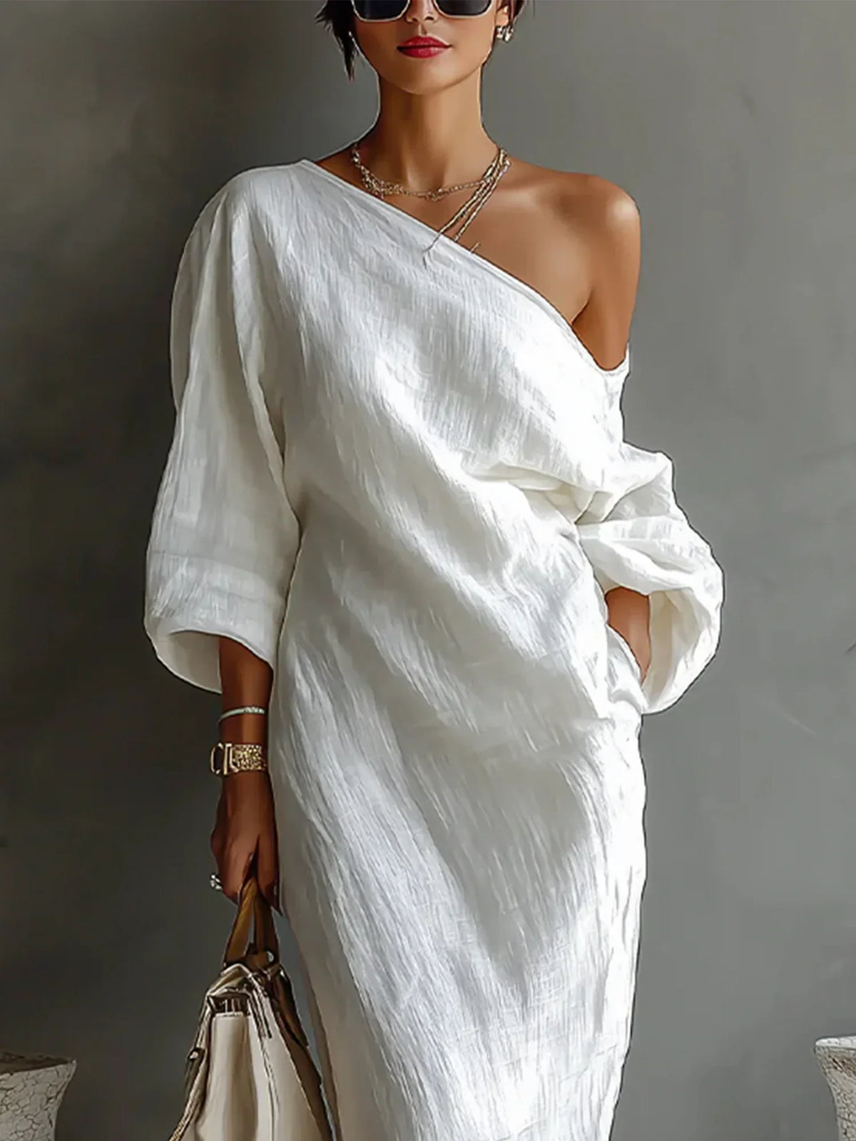 Women's Balloon Sleeve Cotton Linen Maxi Dress, Flowy Summer Dress with Irregular Hem