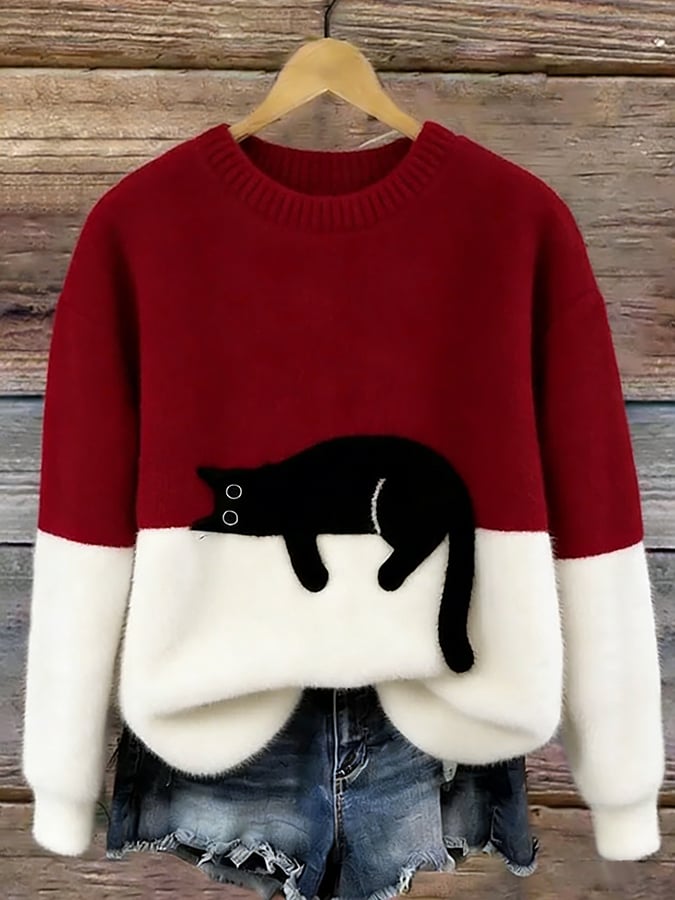 Luna | Women's Cat Print Cotton Blend Sweater, Relaxed Fit Casual Knit Sweater