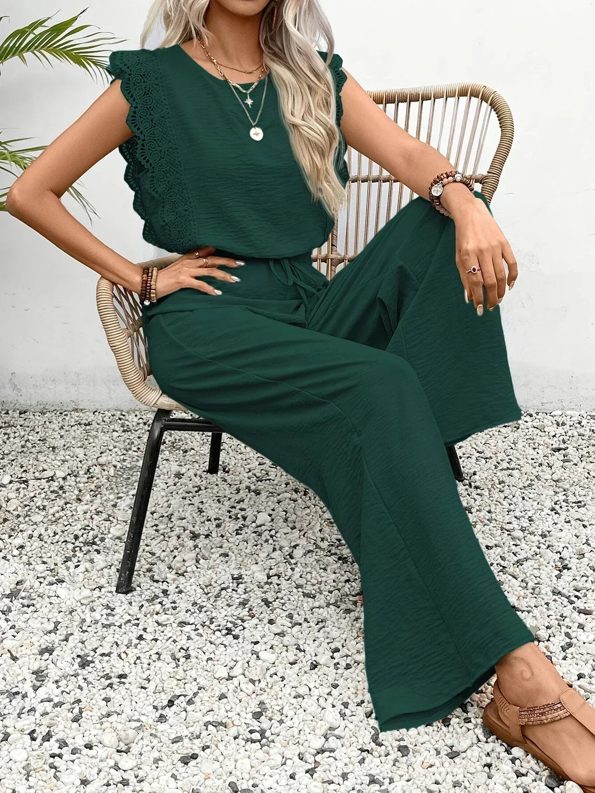 Zella | Women's Lace-Trimmed Two-Piece Set, High-Waist Wide-Leg Trousers and Top