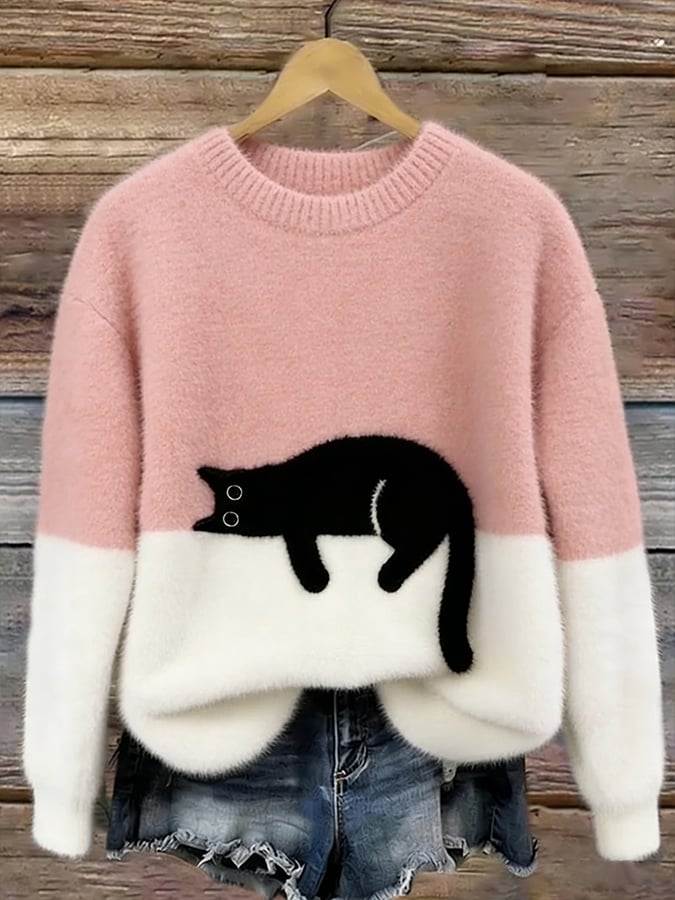Luna | Women's Cat Print Cotton Blend Sweater, Relaxed Fit Casual Knit Sweater