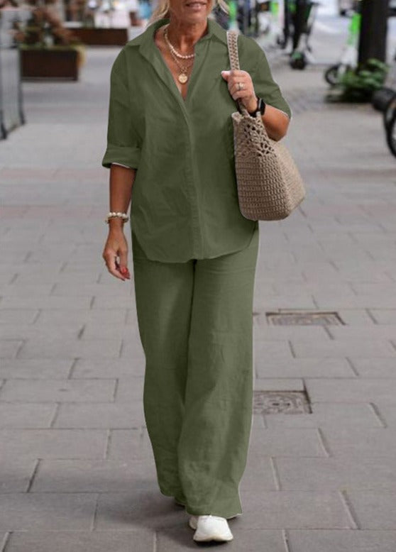 Denice | Women's Casual Two-Piece Set, Button-Up Top and Wide-Leg Trousers Outfit