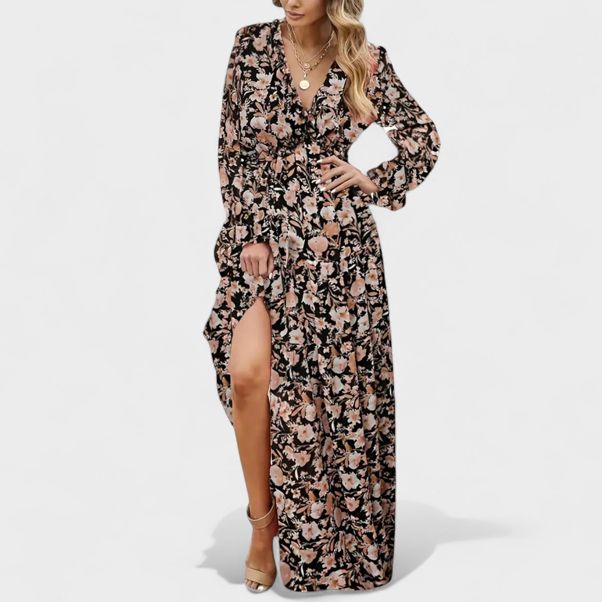 Zera | Women's Floral Tiered Maxi Dress, Long Sleeve V-Neck Dress for Warm Weather