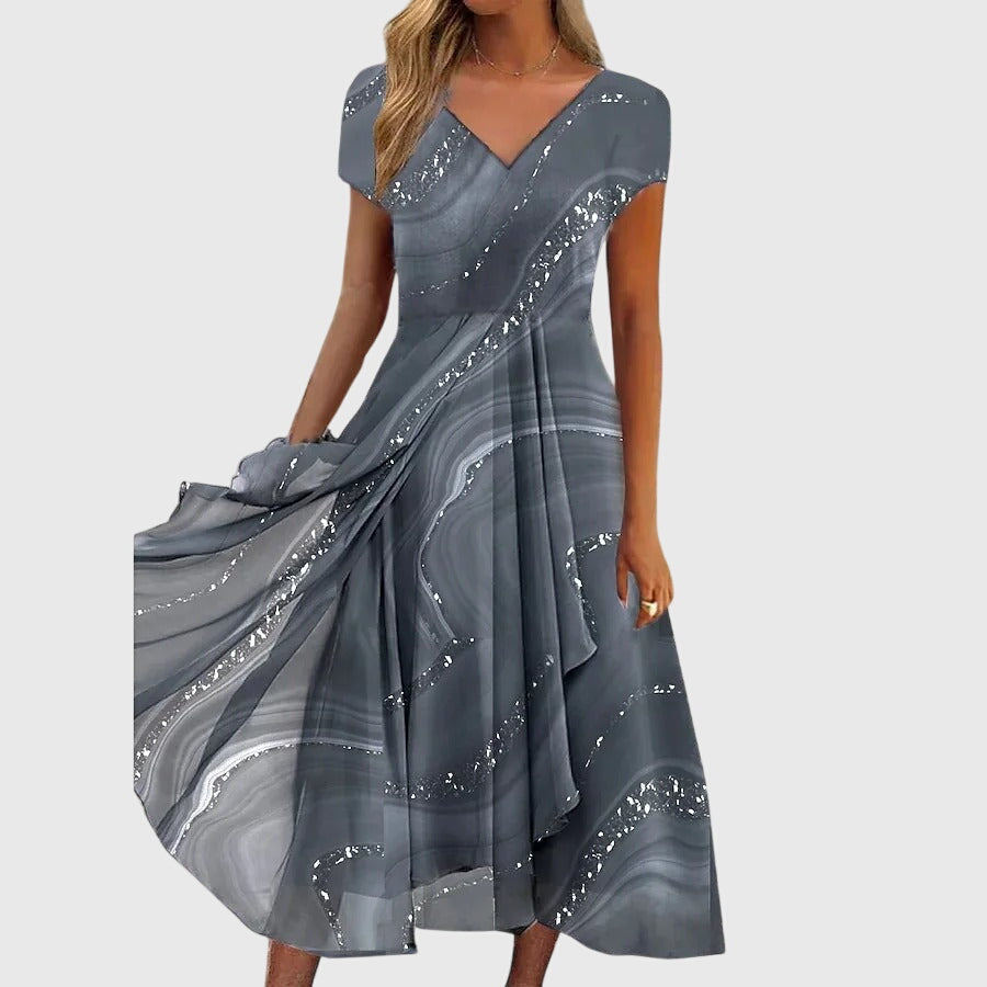 Aubrielle | Women's Swirl Print Midi Dress, Flowy V-Neck Dress for Everyday Wear