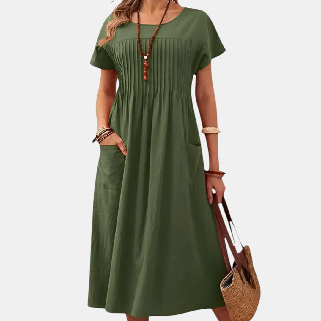 Jacqueline | Women's Cotton Midi Dress, Short Sleeve Relaxed Day Dress for Summer