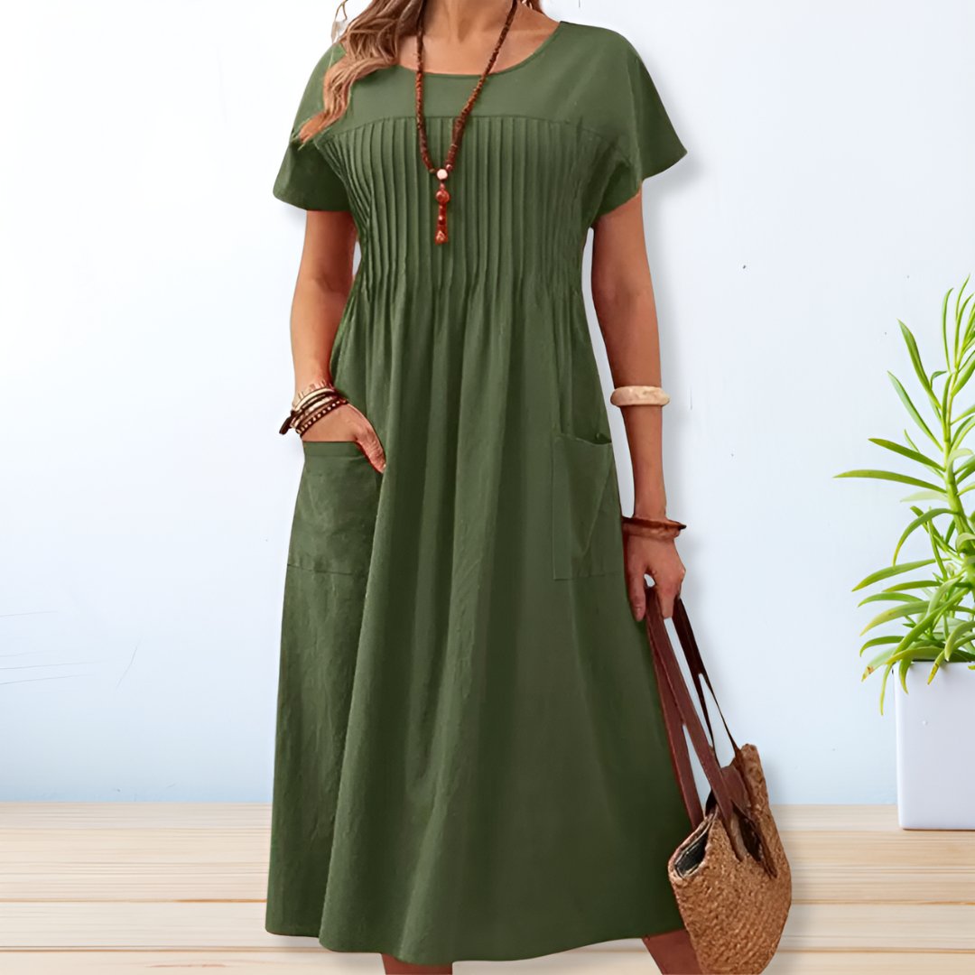 Jacqueline | Women's Cotton Midi Dress, Short Sleeve Relaxed Day Dress for Summer