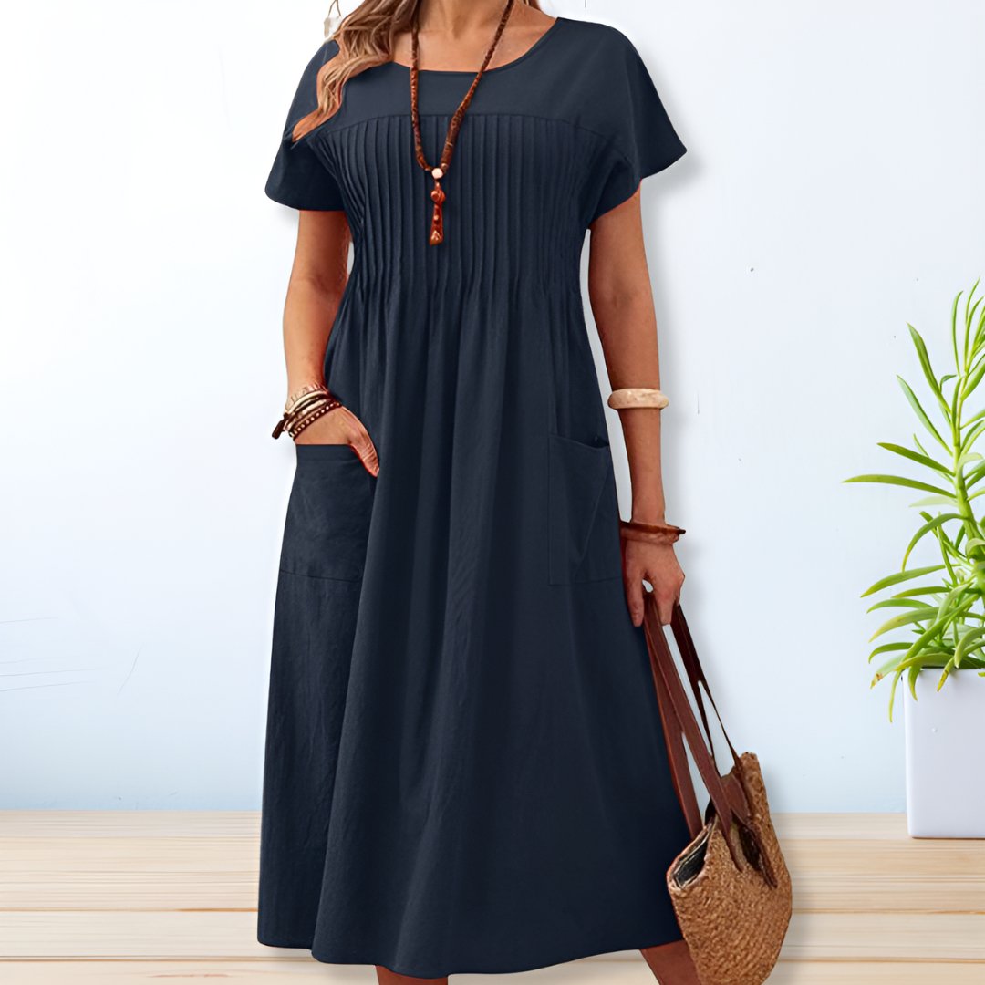 Jacqueline | Women's Cotton Midi Dress, Short Sleeve Relaxed Day Dress for Summer