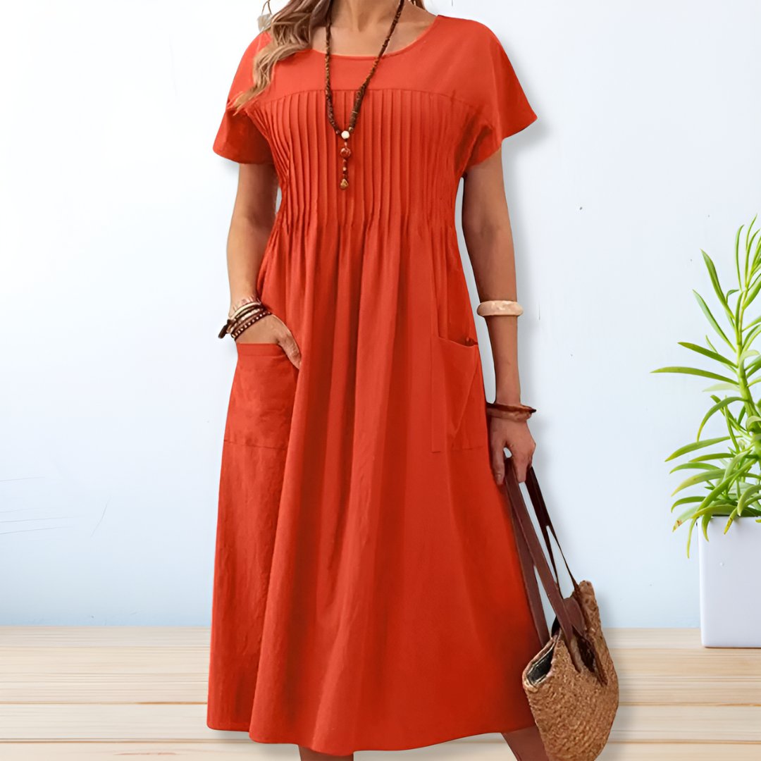Jacqueline | Women's Cotton Midi Dress, Short Sleeve Relaxed Day Dress for Summer