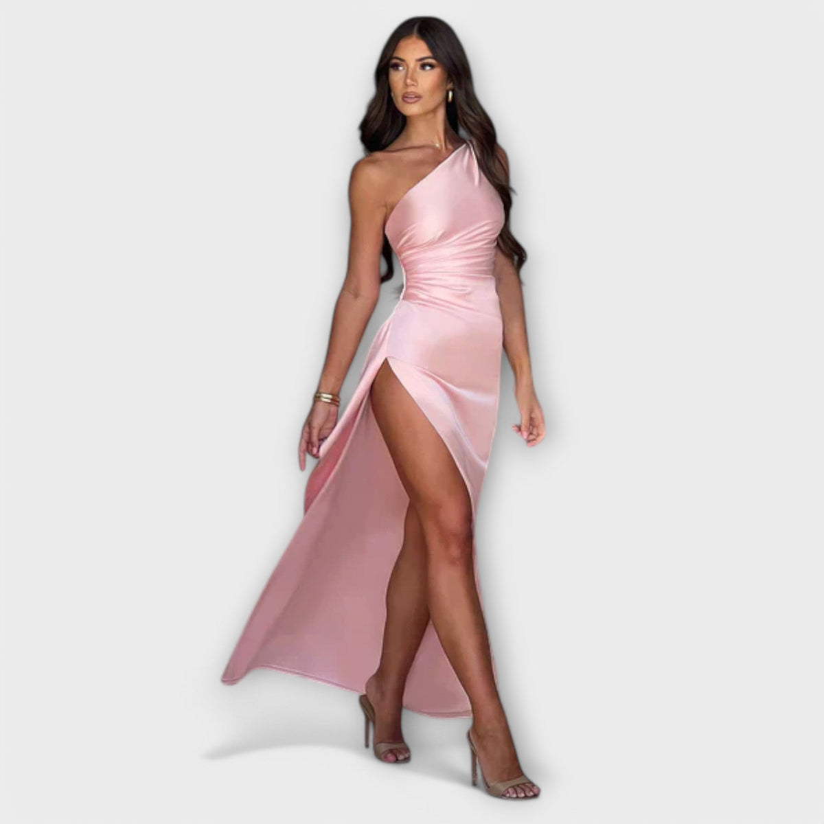 Women's Asymmetrical One-Shoulder Maxi Dress, Draped Evening Dress with High Slit